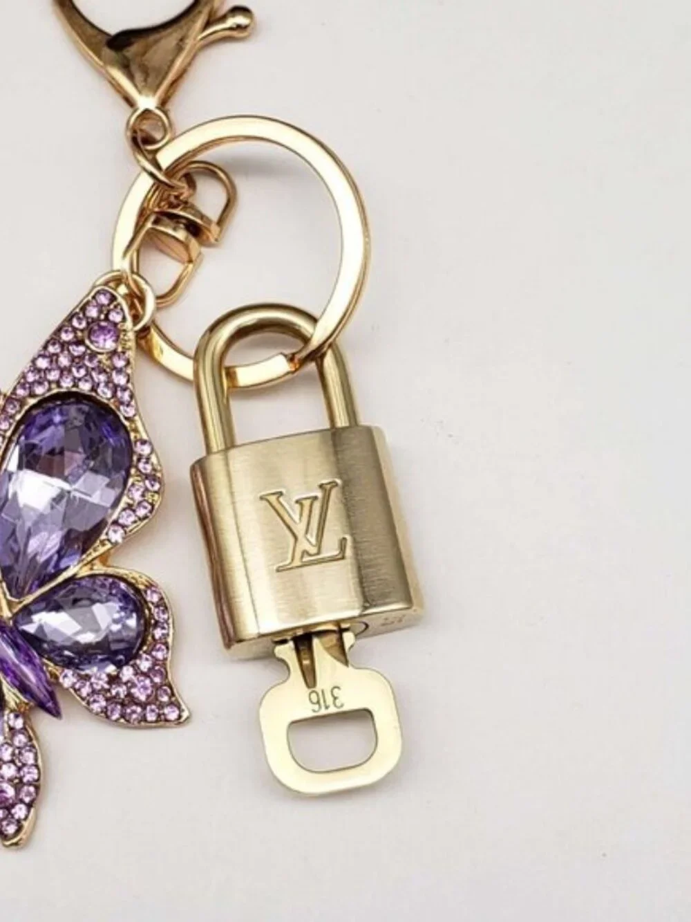 LV Gold Padlock Authentic 🔑 Luxury Bag Charm w/ Unbranded Butterfly Keychain